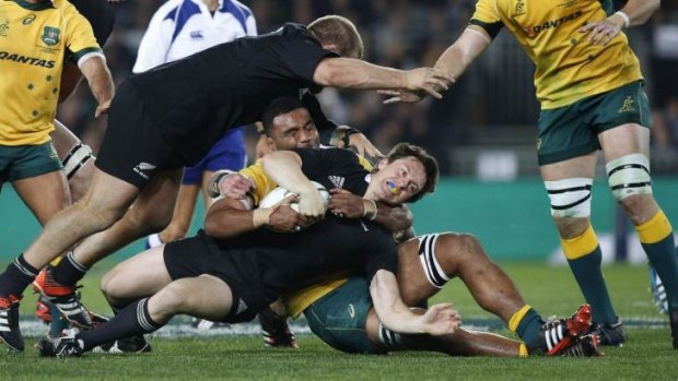 Stopped in his tracks: Wycliff Palu tackles New Zealand fullback Ben Smith during the All Blacks' one-sided Bledisloe Cup victory.