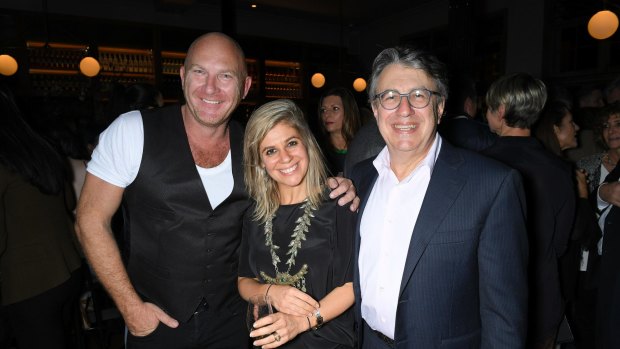 Matt Moran (left), Anna Solomon and Bruce Solomon enjoy the atmosphere at The Paddington Inn relaunch.