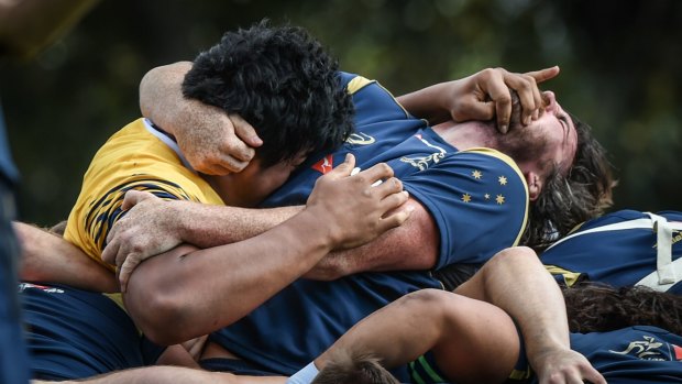 Hair and a facial: Skelton and Douglas were locked in combat before being 'yellow carded' by coach Michael Cheika. 