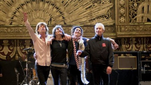 The Rolling Stones: Mick Jagger, Ronnie Wood, Keith Richards, Charlie Watts in a scene from <i>Shine a Light</i>.