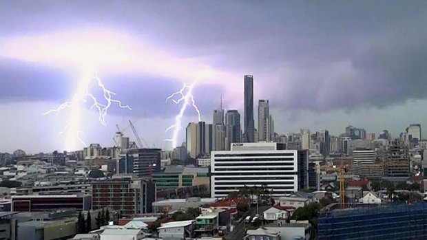 Spectacular scenes ... Brisbane's CBD Skyline being struck.
