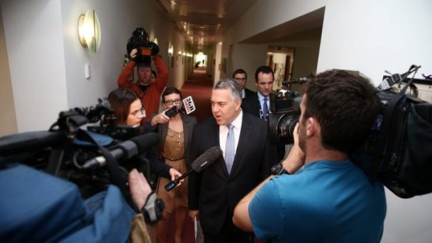 Treasurer Joe Hockey arriving in the press gallery for early morning interviews on Thursday.