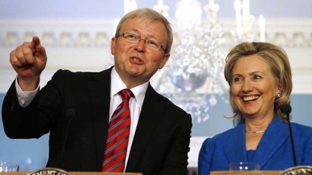 "My good friend Kevin"... US Secretary of State Hillary Clinton and Kevin Rudd in Washington.
