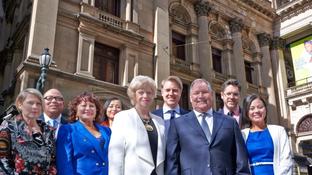 Robert Doyle with his ticket for this year's Melbourne City Council elections (l-r): Sue Stanley, Kevin Louey, Beverley Pinder-Mortimer, Hope Wei, Susan Riley, Arron Wood, Nicholas Reece and Tessa Sullivan.