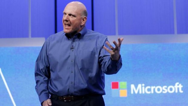 Microsoft CEO Steve Ballmer gestures as he delivers his keynote address at the Microsoft "Build" conference in San Francisco, California.