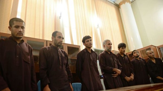 The seven men who gang-raped four women on August 23, stand trial in court in Kabul.