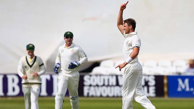 James Pattinson celebrates after taking the wicket of Craig Kieswetter of Somerset (not in pic).
