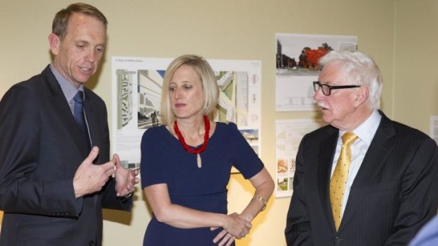 Capital Metro Minister Simon Corbell, Chief Minister Katy Gallagher and Capital Metro Agency Project Board chairman John Fitzgerald at the light rail business case launch.