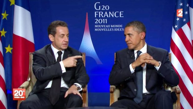 Nicolas Sarkozy, left, and Barack Obama during their joint appearance at the end of the G20 meeting in Cannes.