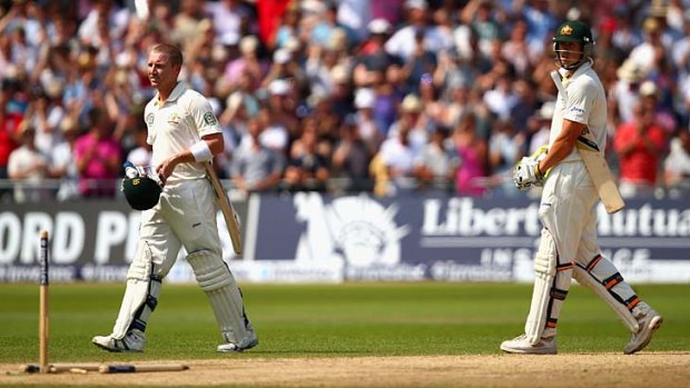 It's over... Brad Haddin and James Pattinson look dejected after Haddin was dismissed.