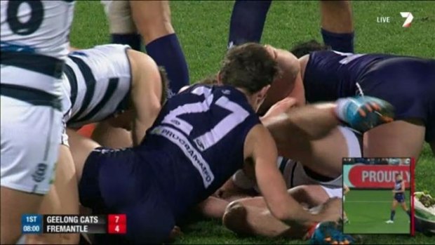 Steve Johnson in a scuffle with Fremantle's Lachie Neale.