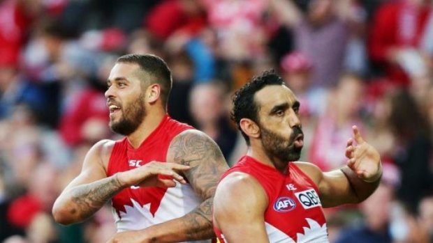Lance Franklin, left, and Adam Goodes celebrate another goal.