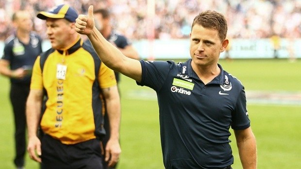 MELBOURNE, AUSTRALIA - MAY 07:  Blues head coach Brendon Bolton gestures as he leaves the ground after the Blues won the round seven AFL match between the Collingwood Magpies and the Carlton Blues at Melbourne Cricket Ground on May 7, 2016 in Melbourne, Australia.  (Photo by Scott Barbour/Getty Images)
