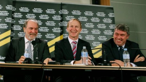 ARLC chairman John Grant (left) with Shane Mattiske (centre) and Channel Nine CEO David Gyngell at the announcement of the $1.2 billion TV rights deal