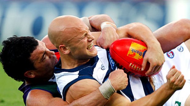 Fremantle’s Ryan Crowley comes to grips with Gary Ablett in round three at Subiaco Oval. The Dockers won’t be allowing Ablett much space at the MCG tonight.