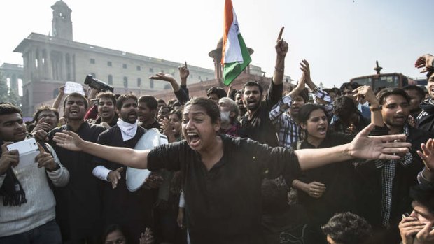Anti-police slogans &#8230; protesters at the presidential palace in Delhi.