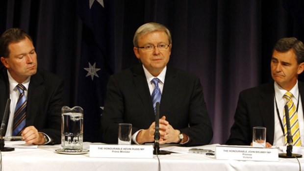 Prime Minister Kevin Rudd hosts COAG at Parliament House in Canberra flanked by NSW Premier Nathan Rees and Victorian Premier John Brumby.