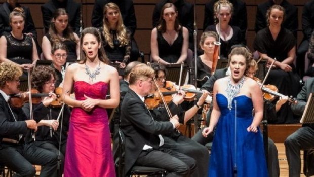 Mezzo-soprano Anna Dowsley and soprano Bryony Dwyer perform in Heavenly Handel with the Queensland Symphony Orchestra at QPAC's Concert Hall.