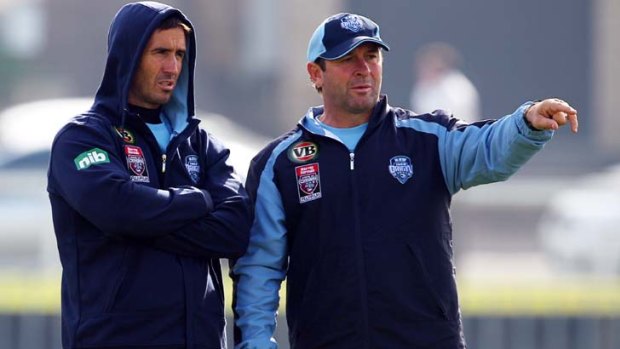 Double vision ... Andrew Johns and Ricky Stuart at Coogee Oval yesterday.