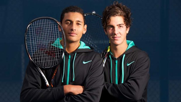 Double act: Good mates, doubles partners and rising Australian tennis hopes Nick Kyrgios and Thanasi Kokkinakis spend most of their spare time talking basketball.