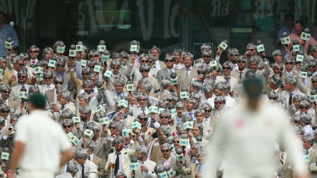 SYDNEY, AUSTRALIA - JANUARY 04:  Richie Benaud  Richie Benaud impessonators wait for the first ball of the day during day two of the third Test match between Australia and the West Indies at Sydney Cricket Ground on January 4, 2016 in Sydney, Australia.  (Photo by Mark Kolbe/Getty Images)