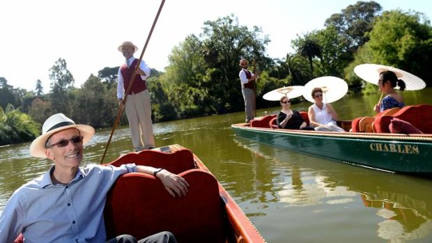 Botanic Gardens chief executive Tim Entwisle relaxes on the Ornamental Lake with oarsman Wesley Golledge.