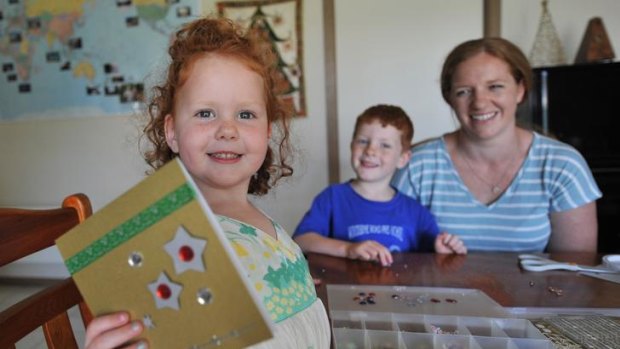 Card sharp: Samantha Sevenhuysen makes her own greeting cards, with some help from children Ava, 3, and Jed, 5.