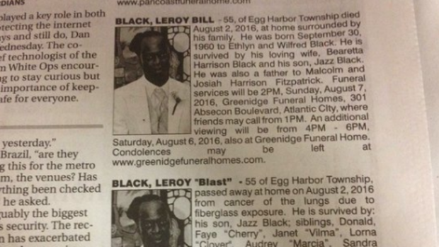 The competing obituaries were placed side-by-side in Friday's edition of the Press of Atlantic City.