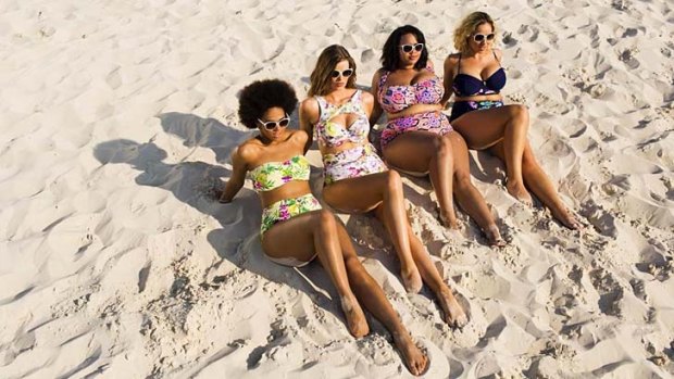 #fatkini: Gabi Fresh (second from right) models her new range of bikinis.