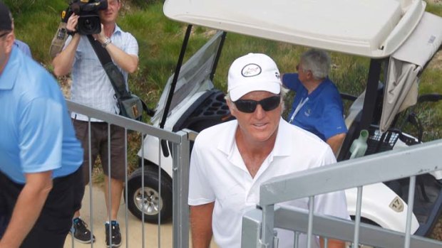 Shark sighting &#8230; Greg Norman arrives at The Lakes before the open.