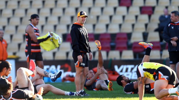 Coach Michael Potter during a Wests Tigers training session.