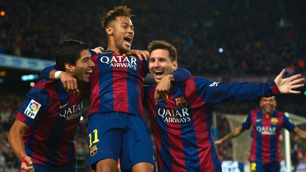 FC Barcelona's deadly strike trio Neymar (centre), Lionel Messi (right) and Luis Suarez.  