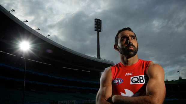 Goodes poses after a training session and fan day at the SCG ahead of the 2012 grand final. 