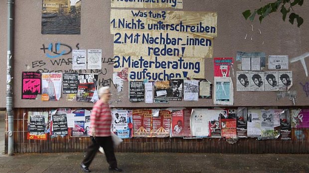 Posters protest rent increases in the Neukoelln district in Berlin. Students, creative types and tourists are flocking to Neukoelln and the locals are none too pleased.