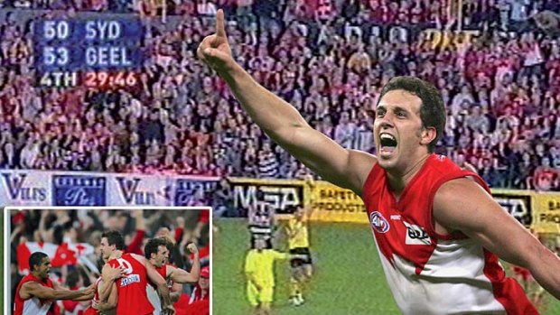 Perfect timing . . . Nick Davis celebrates the goals that got the Swans into the preliminary final.