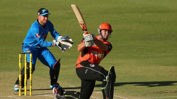 Explosive knock: Perth Scorchers opener Craig Simmons takes to the Adelaide Strikers' attack on Thursday night.