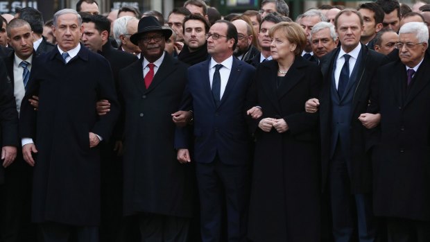 Israeli Prime Minister Benjamin Netanyahu (left) joined French President Francois Hollande and other world leaders for Sunday's unity march through Paris.