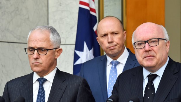 Minister for Immigration Peter Dutton and Attorney-General George Brandis announce a new home affairs department at a press conference at Parliament House in Canberra