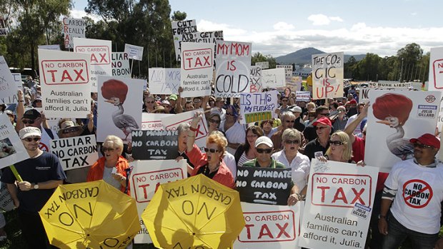 Face-off ... Tony Abbott addressed the No Carbon Tax rally today.