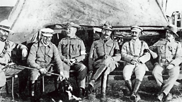 A photograph from the Boer War showing Lieutenant Handcock, left, and  Lieutenant  Morant, second from left.