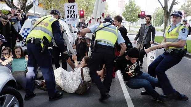 The anti-Murdoch protest outside the gallery on St Kilda Road.