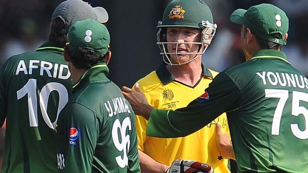 Brad Haddin pushes Younus Khan during a heated exchange with the Pakistan players.