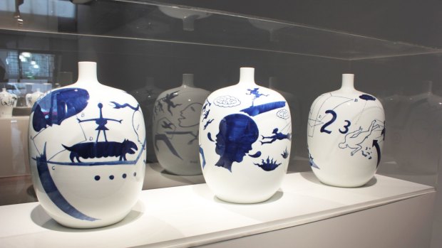 Ceramics from Guan Wei's <i>Archaeology</i> exhibition at Arc One Gallery.