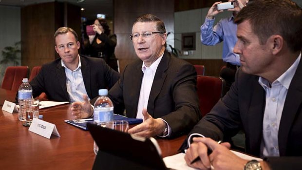 Unhappy with the budget: from left to right, Tasmania Premier Will Hodgman, Victoria Premier Dennis Napthine and NSW Premier Mike Baird.