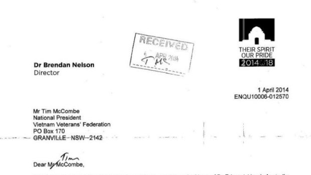 Letter from Brendan Nelson to Mr Tim McCombe.