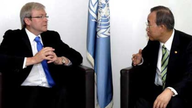 Kevin Rudd and UN Secretary-General Ban Ki-moon at a meeting in New York in September last year.