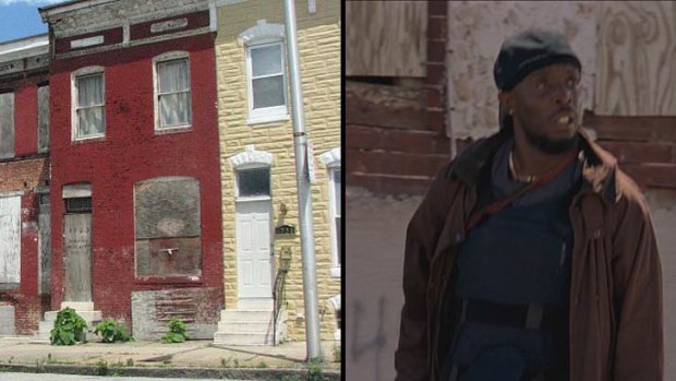 Boarded up houses in real-life Baltimore and Omar Litle in front of one in <i>The Wire</i>.