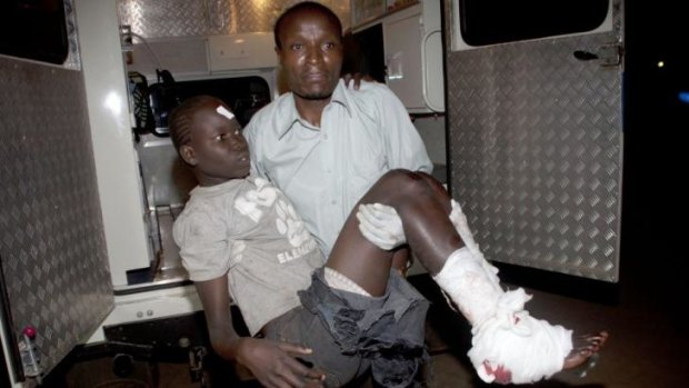 An injured child arrives at Kenyatta National Hospital in Nairobi after the bombings on Sunday, May 4.