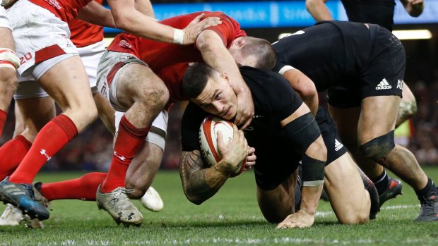 World game: Sonny Bill Williams drives for the line against Wales. 