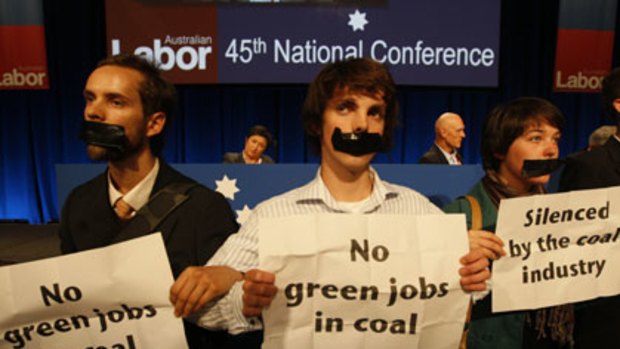 Climate change protesters disrupt debate at the Australian Labor Party National Conference in Darling Harbour.